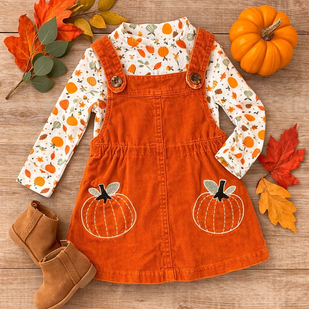Isaac Mizrahi 2T Pumpkin Corduroy Jumper Dress & Fall Print Top Outfit